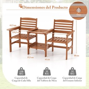 Sofá de jardim de 2 lugares com mesa de café em madeira com orifício para guarda-sol para jardim, piscina, varanda, terraço Castanho