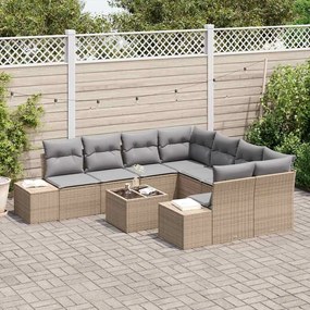 Conjunto de Sofá de Jardim de 9 Peças com Almofadas Bejas em Rattan Po