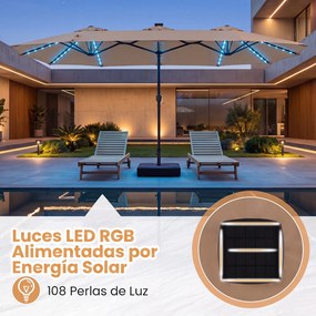 Guarda-sol Duplo Retangular de Exterior com base, 370 x 200 cm, 108 Luzes LED, Castanho
