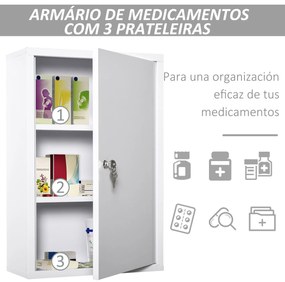 kleankin Armário Farmácia de Parede de Armário para Medicamentos de Metal com 3 Prateleiras de Armazenamento e Fechadura com 2 Chaves para Casa de Banho Cozinha 40x18x60cm Branco