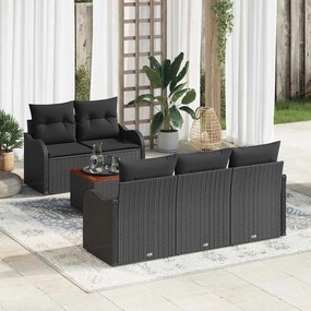Conjunto de Sofás de Jardim vidaXL de 6 Peças com Almofadas Preto Polirattan Acácia