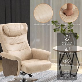 Poltrona Relax com Apoio para os Pés Poltrona Reclinável até 135° e Giratória 360° com Encosto Ajustável para Sala de Estar Escritório 78x83x103cm Beg