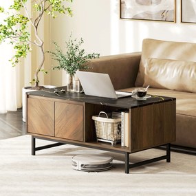 Mesa de centro, mesa de sala, tampo com efeito de mármore, 2 portas e 2 compartimentos abertos, 100 x 50,8 x 45,7 cm, cor nogueira