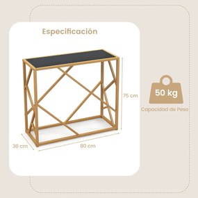 Mesa de consola com tampo de vidro temperado e estrutura metálica Mesa de design geométrico para sala de estar, corredor e hall de entrada 80 x 30 x 7