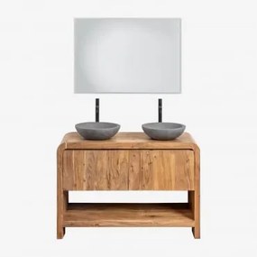 Conjunto De Móvel De Casa De Banho Em Madeira Vacry Castanho Acácia & 2 X Cimento Cinzento Redondo Ø40 Cm Tarsis & Led Retangular E Anti-embaciamento