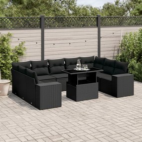 10 pcs conjunto sofás de jardim c/ almofadões vime PE preto