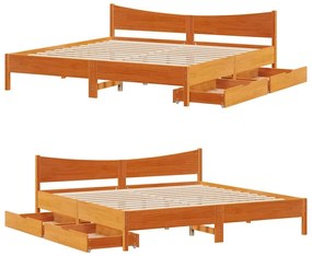 Estrutura cama c/ gavetas 200x200 cm pinho maciço castanho-mel