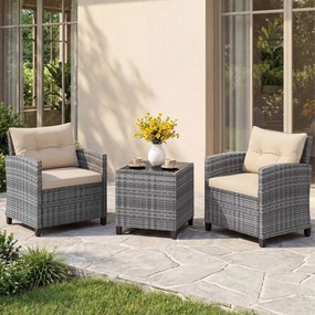 Conjunto de jardim de 3 peças, composto por cadeiras de rattan e mesa com tampo de vidro temperado para pátio, rattan em mistura de cinzento com almof