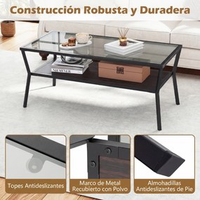 Mesa de centro 106,5 x 50,5 x 46,5 cm de dois níveis com estante retangular em vidro temperado e Estrutura metálica para sala, cinzento escuro