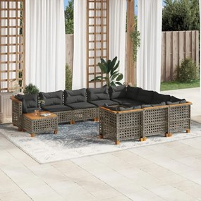11 pcs conjunto sofás de jardim c/ almofadões vime PE cinzento