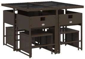 9 pcs conjunto jantar p/ jardim c/ almofadões vime PE castanho