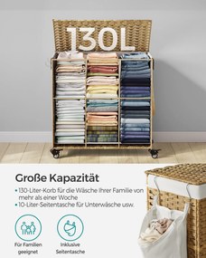 Cesto para roupa suja dobrável com 3 compartimentos e bolso lateral 66 x 33 x 60 cm Cor natural