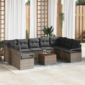 Conjunto de Sofás de Jardim vidaXL de 10 Peças com Almofadas em Polirattan Cinza Acácia