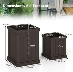 Conjunto de 2 vasos quadrados para flores de plástico com orifícios de drenagem e design empilhável para varanda, jardim Castanho