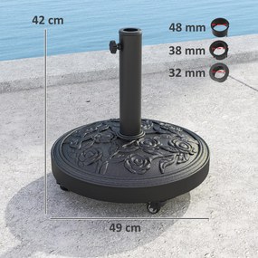 Base para guarda-sol, pedestal exterior em resina de 21 kg, para mastros com Ø 32/38/48 mm, com rodas, Ø 49 x 42 cm, preto