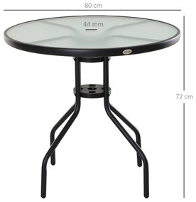 Outsunny Mesa de Jardim Redonda Mesa Sala de Jantar de Cristal Temperado com Orifício para Chapéu de Sol Estrutura Metálica para Pátio Terraço Exterior Ø80x72cm Preto