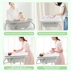 Fraldário para bebés com banheira portátil Almofada dobrável em PVC Bandeja de arrumação com 4 rodas universais Cinzento claro