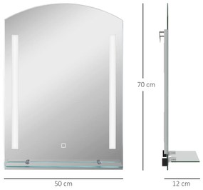 Espelho Casa de Banho com Luzes LED 70x50 cm Interruptor Tátil Iluminação Ajustável Função de Memória e Prateleira de Vidro Prata