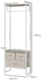 Suporte para Cabides com 3 Gavetas de Tecido Barra para Pendurar e Prateleira para Entrada Quarto 58,5x30x178 cm Natural