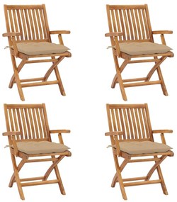vidaXL Cadeiras de jardim dobráveis c/ almofadões 4 pcs teca maciça