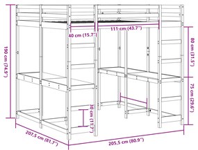 Cama alta com secretária e escada 200x200 cm pinho maciço