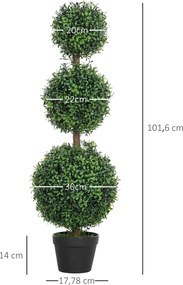 Conjunto de 2 árvores artificiais de 101,6 cm com 3 bolas de buxo topiárias, planta artificial verde em PE, com vaso interior e exterior