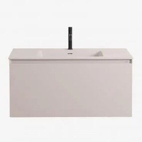 Conjunto De Móvel De Casa De Banho Suspenso Em Madeira Com Lavatório Integrado Macrae Crema Linho & Sem Espelho & Preto Mate, 20 Cm, Com Válvula De Es