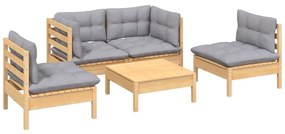 5 pcs conjunto lounge de jardim + almofadões cinza pinho maciço
