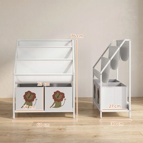 Estante Infantil para Livros 4 Níveis com 3 Prateleiras e 2 Gavetas em Tecido, Design Leão, Branco