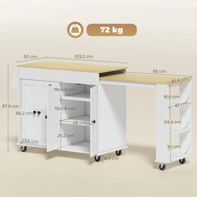 Carrinho,, Ilha de Cozinha com Rodas Tampo Extensível Carrinho de Cozinha com 4 Portas Prateleiras Ajustáveis Estante Lateral Aberta Branco