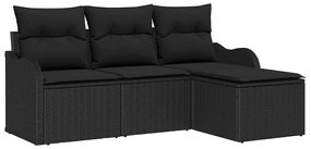 Conjunto de Sofá de Jardim com 4 Peças e Almofadas Pretas de Rattan.