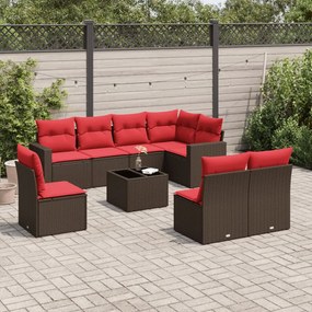 vidaXL 9 pcs conjunto sofás p/ jardim c/ almofadões vime PE castanho
