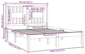 Estrutura de cama casal 135x190 cm madeira maciça cinzento