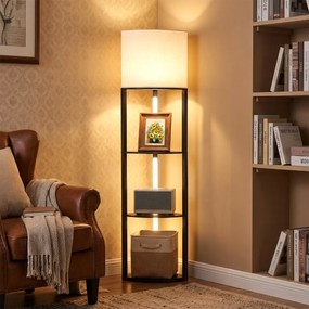 Candeeiro de pé moderno com prateleiras de 3 níveis Luzes LED reguláveis Abajur de linho Interruptor de pé para sala de estar ou quarto Preto