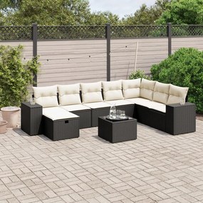 9 pcs conjunto de sofás p/ jardim c/ almofadões vime PE preto