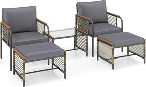 Conjunto de jardim 5 peças Rattan com Almofadas 2 Pufes Mesa de Vidro temperado cinzento