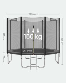 Trampolim de 305 cm com rede de segurança de 180 cm e varas e escada preto