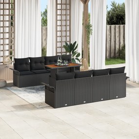 vidaXL Conjunto de Sofá de Jardim de 9 peças com Almofadas Preto Polirattan Acácia