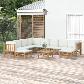 11pcs conjunto lounge de jardim bambu c/ almofadões branco nata