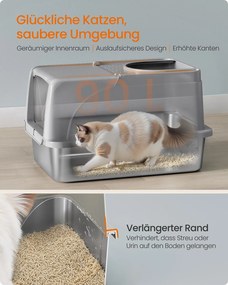 Caixa de areia para gatos em aço inoxidável com pá e escova, cinzenta