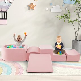 Conjunto de 5 peças para escalada e rampa para crianças Blocos de construção em esponja com piscina de bolas Cobertura lavável Criativa Rosa