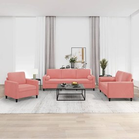 vidaXL 3 pcs conjunto sofás c/ almofadas/almofadões veludo rosa