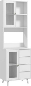 HOMCOM Armário Cozinha Multifuncional 2 Armários Portas Vidro Temperado 4 Gavetas 60x35x180 cm Espaçoso Branco | Aosom Portugal