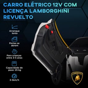 Carro Elétrico para Crianças Carro Lamborghini Revuelto com Bateria 12V  Faróis LED e Música 105x60x40 cm Branco