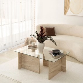 Mesa de Centro em Vidro e Travertino – New Escape – 105x65x40 cm