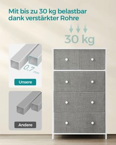 Cómoda com 5 gavetas em tecido e armação em metal 30 x 56 x 93 cm cinzento e branco