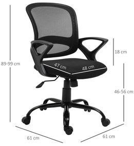 Cadeira de Oficina Ergonômica Basculante com Altura Ajustável Assento Giratório 360° Suporte e Lombar Malha Transpirável 61x61x89-99cm Preto