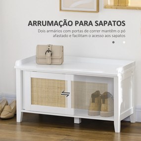 Banco Sapateira com 2 Portas de Vime Estilo Boémio Carga Máxima 130 kg para Corredor Entrada 80x35x45 cm Branco e Bege