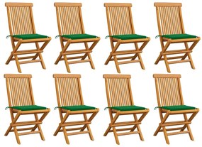 vidaXL Cadeiras de jardim c/ almofadões verdes 8 pcs teca maciça
