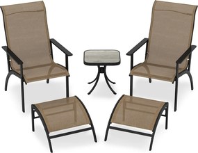 Conjunto de móveis de jardim de 5 peças Cadeiras ergonómicas com apoio para os pés e mesa auxiliar Castanho